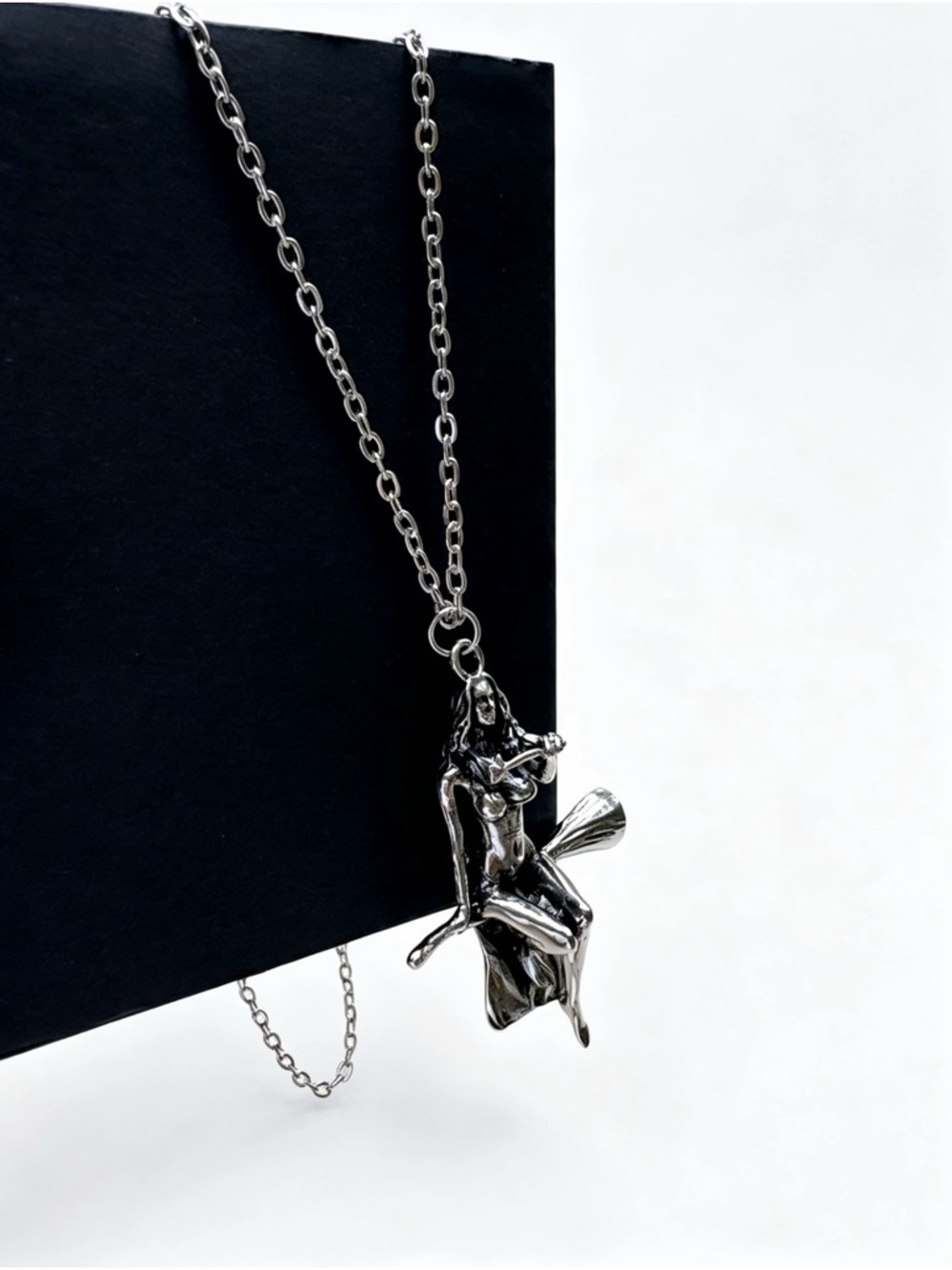 Silver Witch on Broom Pendant Necklace – Unique Gothic Style Jewelry